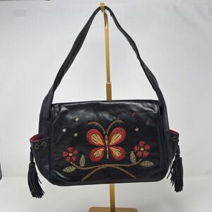 FRANCESCO BIASIA Vintage Black Leather Butterfly Embroidered Tassel Boho Bag